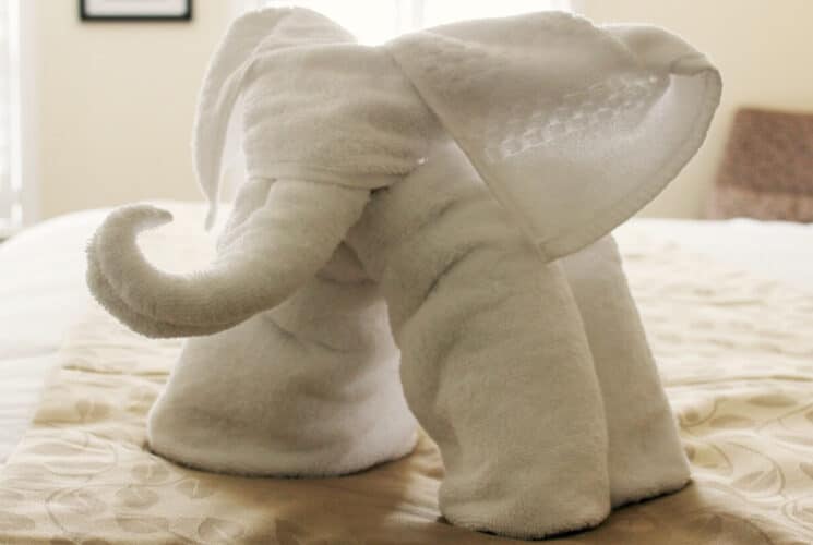 a towel folded into the shape of an elephant on a bed