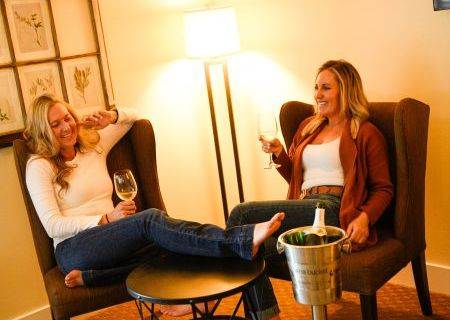 two women sitting in wingback chairs with wine in ice bucket and wine in glasses in their hands