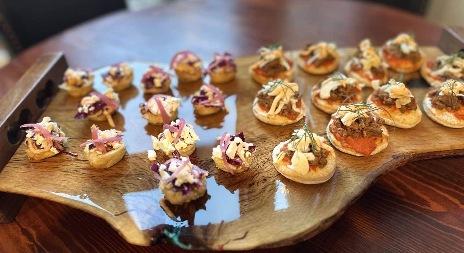 wood platter with canapes 